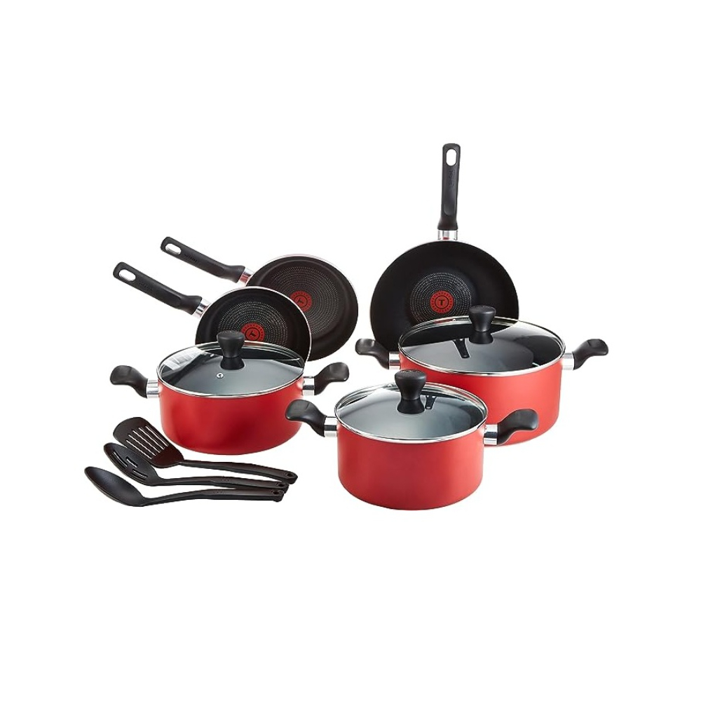 Tefal Super Cook Non-Stick With Thermo-Spot 12 Pcs Cooking Set, Red, Aluminium, TEF-B460SC84